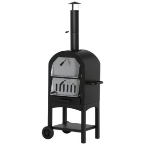2-i-1 udendørs pizzaovn med hjul, grillovn med beskyttelsesdæksel, pizzaskraber, 2 grillnet, grillvogn med skorsten, 3-lags brændefyret ovn til grill, stål, sort+sølv, 63 x 54 x 161 cm