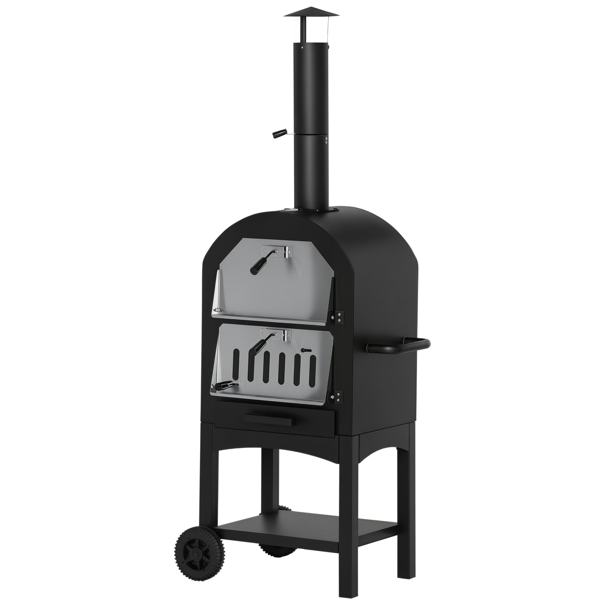 2-i-1 udendørs pizzaovn med hjul, grillovn med beskyttelsesdæksel, pizzaskraber, 2 grillnet, grillvogn med skorsten, 3-lags brændefyret ovn til grill, stål, sort+sølv, 63 x 54 x 161 cm